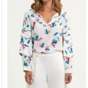 Marie Oliver Brushstroke Print V Neck tiered long sleeve silk blouse top large